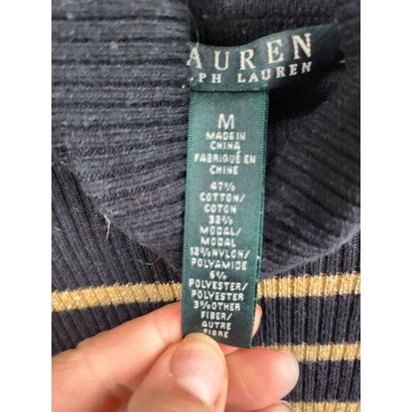 Lauren Ralph Lauren Womens Turtleneck Sweater Medium Black Gold Metallic Striped - Picture 5 of 7